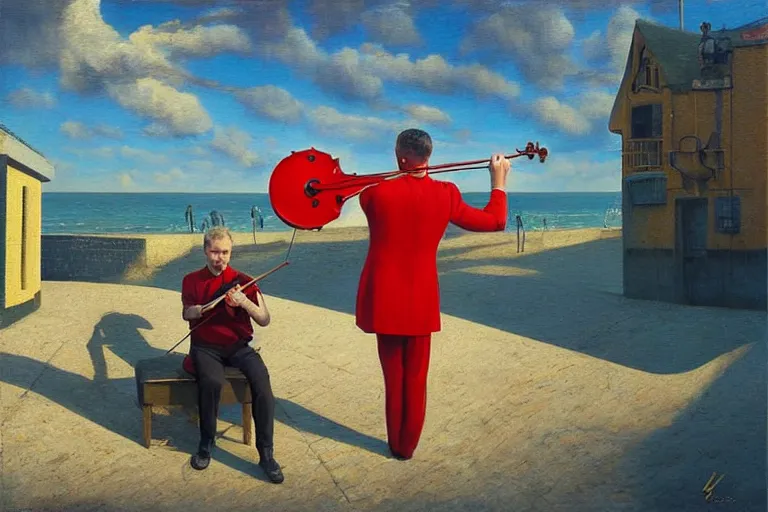 Prompt: a man in red playing the violin next to a yellow lightinghouse, the sun is shining and the ocean is blue, Painting, Fine Art, Unreal Engine, Karol Bak