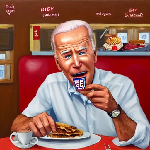 Prompt: a character portrait of Joe Biden eating at dairy queen, trending on artstatiom, digital art, highly detailed