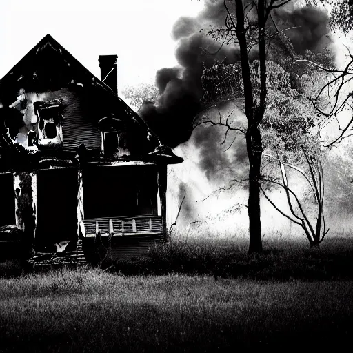 Image similar to black and white storybook illustration of an abandoned house burning, storybook illustration, monochromatic, black and white