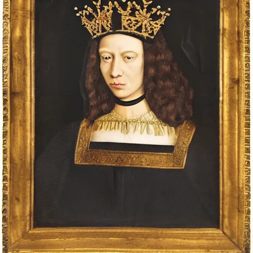 Image similar to a wolf wearing a crown and cape, renaissance style portrait painting, dark background