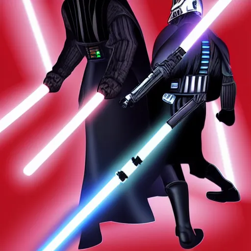 Prompt: putin vs darth vader lightsaber battle digital art