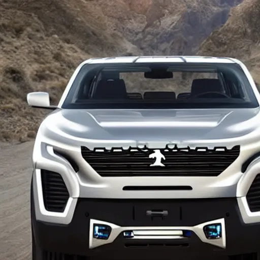 Prompt: A Pickup truck designed and produced by Peugeot in the production year of 2022, promotional photo