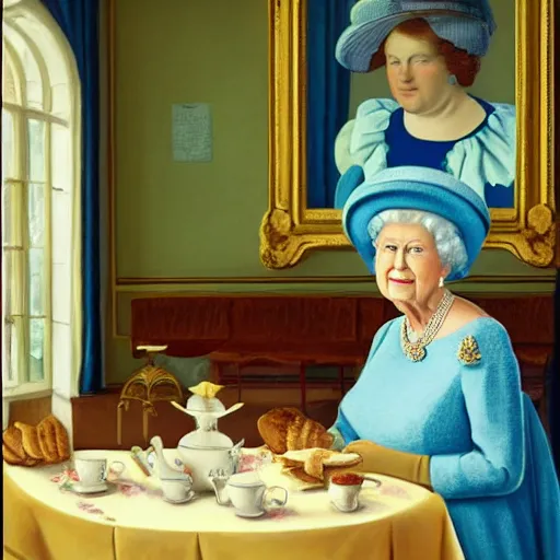 Prompt: the queen of england having tea and bisquits by Raphael, Hopper, and Rene Magritte. detailed, romantic, enchanting, trending on artstation.