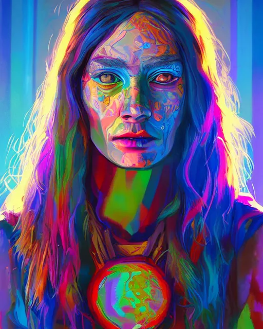 Prompt: colorful bust portrait of a hippie from the future, set in the future 2 1 5 0 | highly detailed face | very intricate | symmetrical | professional model | cinematic lighting | award - winning | painted by mandy jurgens | pan futurism, dystopian, bold colors, cyberpunk, groovy vibe, anime aesthestic | featured on artstation