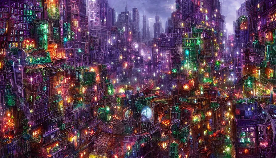 Image similar to a gritty cityscape made of sapphires, emeralds, and rubies, matte art, 4k