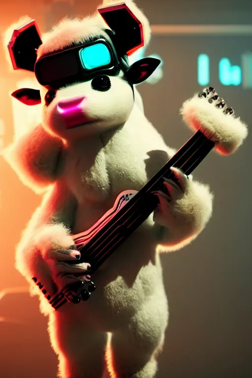 Image similar to high quality 3 d render very cute fluffy! cyborg cow plays guitar, cyberpunk highly detailed, unreal engine cinematic smooth, in the style of blade runner & detective pikachu, hannah yata charlie immer, moody light, low angle, uhd 8 k, sharp focus