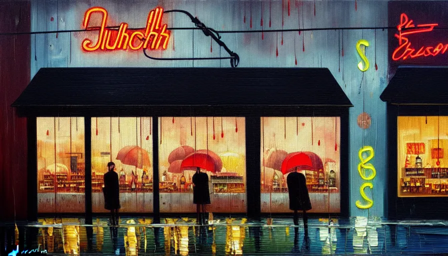 Image similar to oil painting of a neon sign storefront butcher shop, raining, busy street, cyberpunk, romantisism, outrun, synthwave, painting, detailed, by katia chausheva