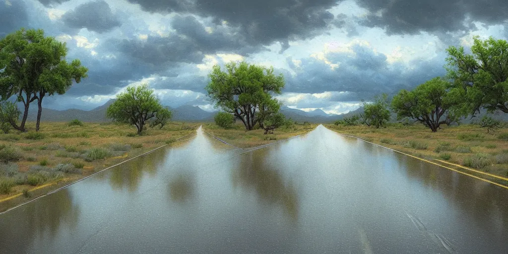 Prompt: a stormy monsoon rainstorm in the arizona desert, the landscape is mostly green with lots of mesquite trees and bushes, puddles, beautiful cloudy deep blue sky, by georgia o'keeffe and thomas kinkade and quentin mabille and geoffroy thoorens, trending on artstation