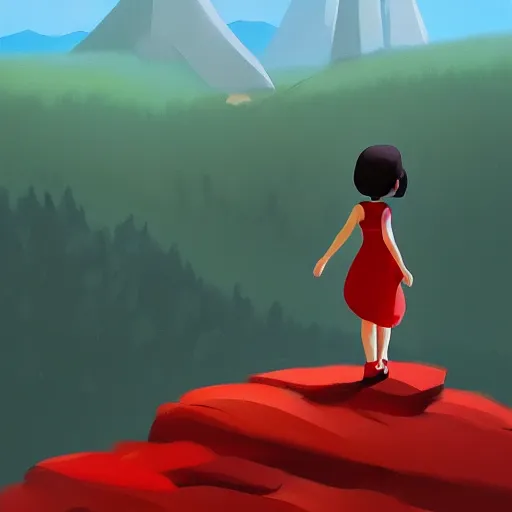 Prompt: goro fujita ilustration brunette girl in red dress climbing a mountain in the forest, painting by goro fujita, sharp focus, highly detailed, artstation