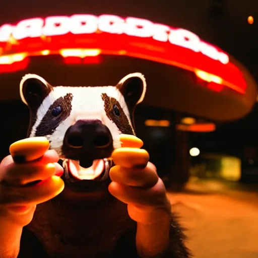 Image similar to photo of a badger eating a hot dog, dynamic lighting, high contrast