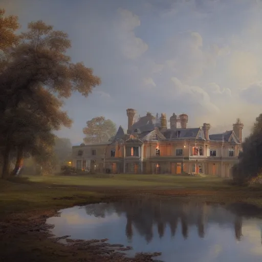Prompt: a large serene beautiful matte painting of a quaint english country mansion, by asher brown durand and greg rutkowski, featured on artstation, blue and orange color scheme