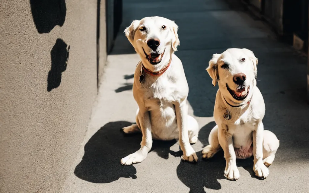 Image similar to a 3 5 mm photo of a dog, sigma 2 4 mm f / 8,, smiling,, sitting, warm lighting, strong shadow, cinematic, realistic,