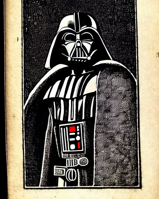 Image similar to b & w woodcut portrait of medieval darth vader from the nuremberg chronicle, 1 4 9 3, restored, hq scan