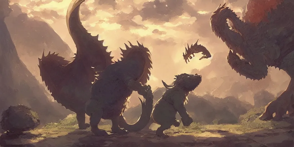 Image similar to a dwarf and his small pet dragon drinking a beer together | sharp contrast | by greg rutkowski makoto shinkai takashi takeuchi studio ghibli