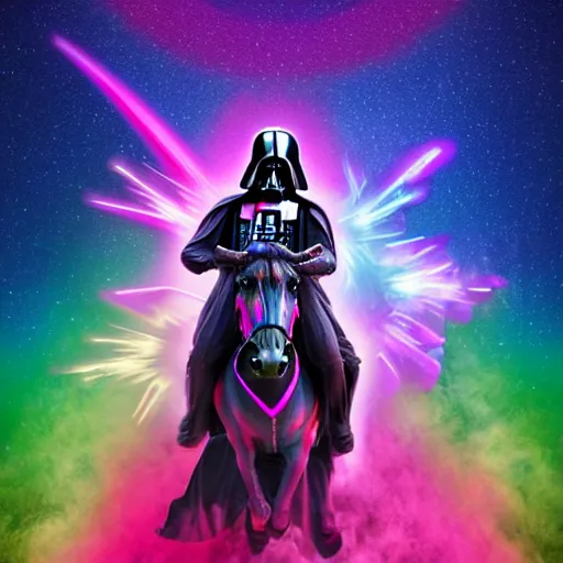 Prompt: beautiful matte painting, rainbow colored pink pink darth vader wearing pink wearing pink, riding a unicorn, riding a unicorn, riding a one-horned unicorn over a glittering rainbow, in psychedelic space, by lisa frank and dan mumford, octane render, HDR, vivid color, volumetric lighting, unreal engine, concept art, CGsociety, trending on artstation