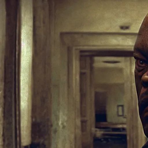 Image similar to film by tarkovsky, stalker style, pulp fiction movie, highly detailed, photorealistic, full - body, samuel l jackson posing in cafe, perfect symmetrical eyes, 8 k resolution, digital art, hyper realistic