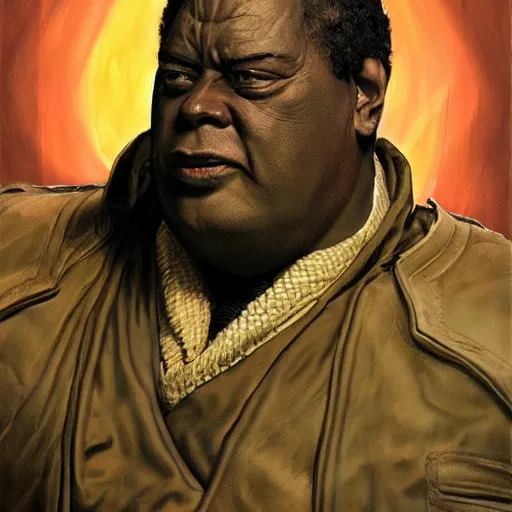 Image similar to photoreal portrait of a powerful black man as baron harkonnen, by norman rockwell and boris vallejo, artstation, concept character art