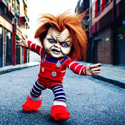 Image similar to chucky doll chasing himself down the street while screaming