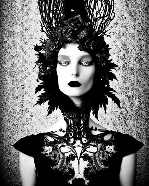 Prompt: surreal dark poetic black and white photo portrait of complex bio-mechanical beautiful young silver female vegetal-cyborg with a fur metal fine lace face, a very long neck and a fine metal floral foliage super big gothic lace collar and high floral crown by Vivienne Westwood:: smoke, high fashion, haute couture, rococo, avant-garde, dry black roses, silver filigree details, anatomical, facial muscles, cable wires, microchip, elegant, dreamy, foggy atmosphere, hyper realistic, 150 mm lens, soft rim light, octane render, unreal engine, picture was taken in 1910 by Man Ray, volumetric lighting, dramatic light,8k,