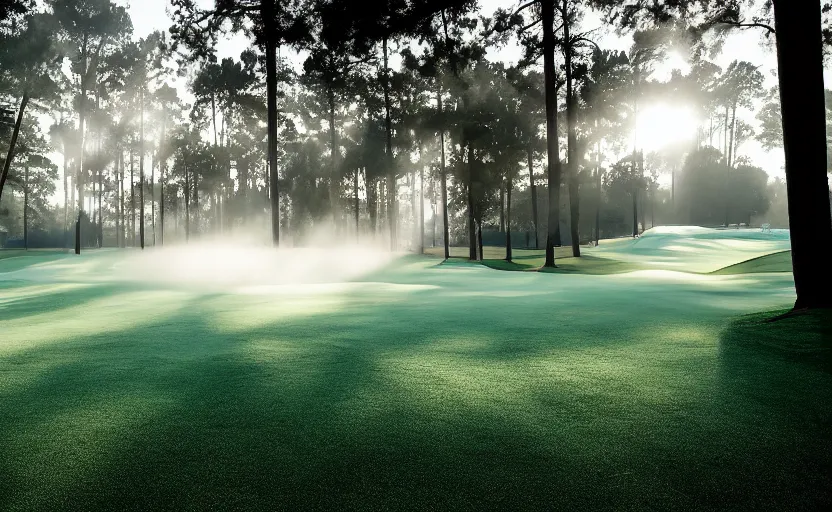 Prompt: augusta national, the masters, nr. 1 2, completely flooded, beautiful ambient light, stunning photography, fog, light rays