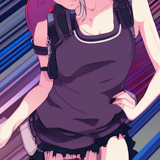 Image similar to anime illustration gorgeous punk woman in miniskirt and tank top op, blushing