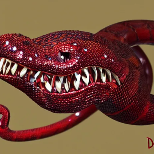 Image similar to red crystal snake with an open mouth and crystal fangs, highly detailed, fantasy, dnd