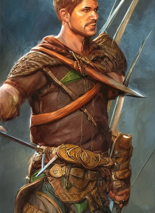 Image similar to archer robin hood, ultra detailed fantasy, dndbeyond, bright, colourful, realistic, dnd character portrait, full body, pathfinder, pinterest, art by ralph horsley, dnd, rpg, lotr game design fanart by concept art, behance hd, artstation, deviantart, hdr render in unreal engine 5