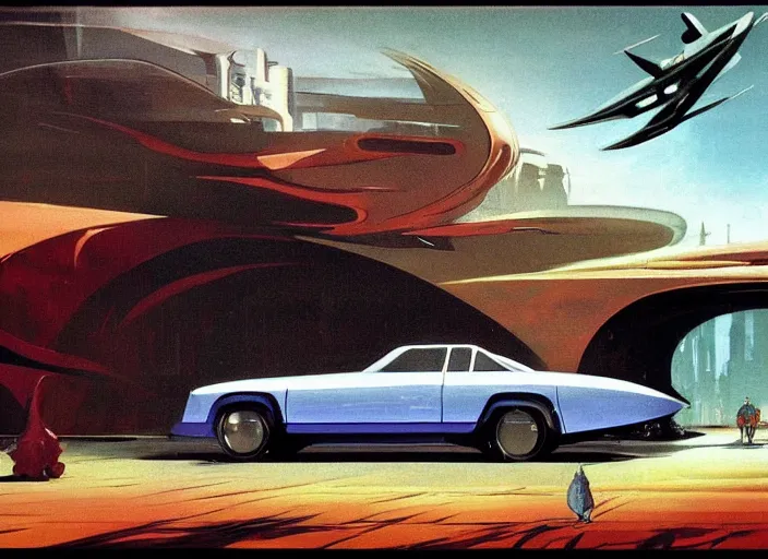 Prompt: a sport sedan car in a future city. style by frank frazetta, peter elson, and eyvind earle.