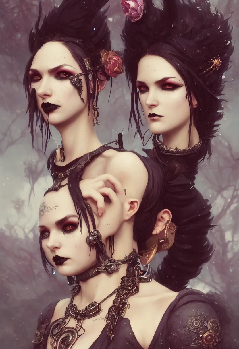Image similar to beautiful very extreme closeup portrait, goth girl, piercings collar, mohawk hairstyle, medieval dress. witch, makeup. unreal engine, greg rutkowski, loish, rhads, beeple, tom bagshaw, alphonse mucha, global illumination, detailed and intricate environment