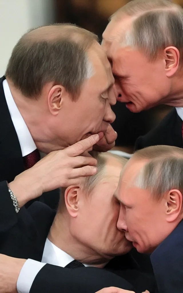 Prompt: vladimir putin kissing selensky with tongue, hyperrealistic