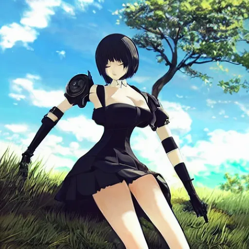 Prompt: beautiful anime scenery with 2B from the Nier Automata series sitting in the grass beside a tree looking idly into the sky highly detailed and beautiful face