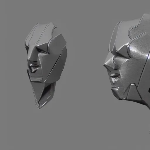 Image similar to concept design for a solid plate featureless metallic mask, 3 d render, volumetric lighting, unreal engine