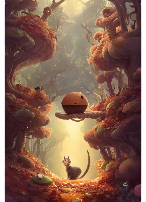 Image similar to round antropomorphic acorn and his cat friend in world adventure movie, cerebri mie poster, by nuri iyem, james gurney, james jean, greg rutkowski, anato finnstark. pixar. hyper detailed, 5 0 mm, award winning photography, perfect faces