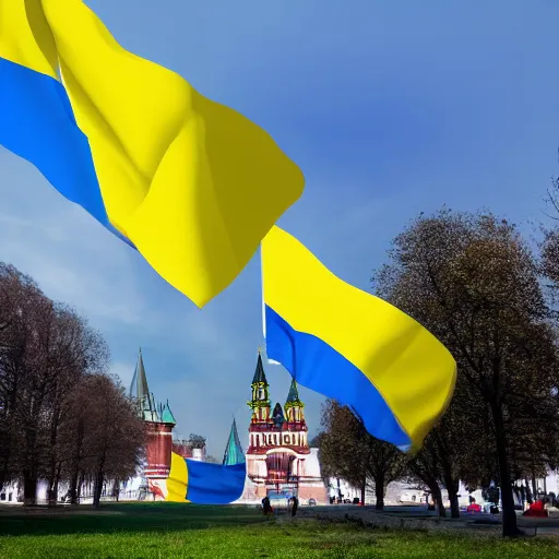 Image similar to A historic photo of Kremlin with Ukrainian flags, 4k, award-winning