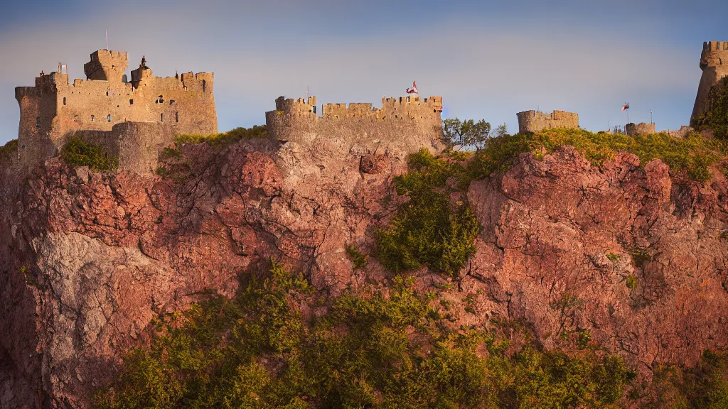 Image similar to castle, velvia, warm color palette, lonely, on a cliff edge