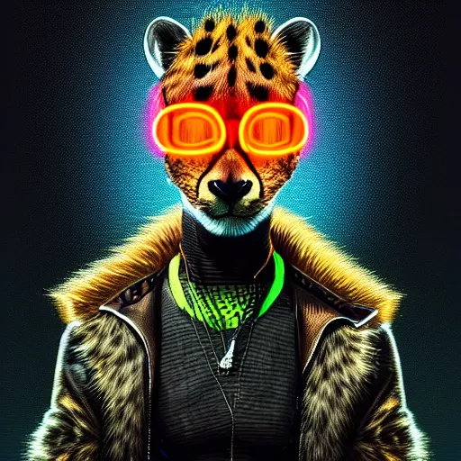 Prompt: a beautiful commission portrait of a male anthro cheetah wearing a neon jacket,futuristic,detailed face,mohawk,cyberpunk city,deviantart,artstation,art by greg rutkowski,ross tran,professional lighting,neon city,night,raytracing,highly realistic,4k,dramatic,hyperrealism