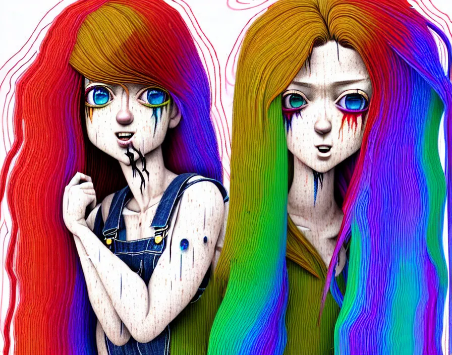 Prompt: richly detailed colored pencil 3D illustration of a grungy woman with rainbow hair, drunk, angry, soft eyes and narrow chin, dainty figure, long hair straight down, torn overalls, basic white background, side boob, in the rain, wet shirt,. mirrored background with completely rendered reflections, art by Range Murata and Artgerm.