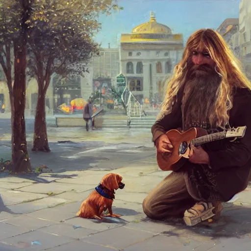 Image similar to oil painting of a young man with long hair blond and a beard hippie style with his golden retrever dog playing guitar in the square for money, people watching around, by greg rutkowski, artstation