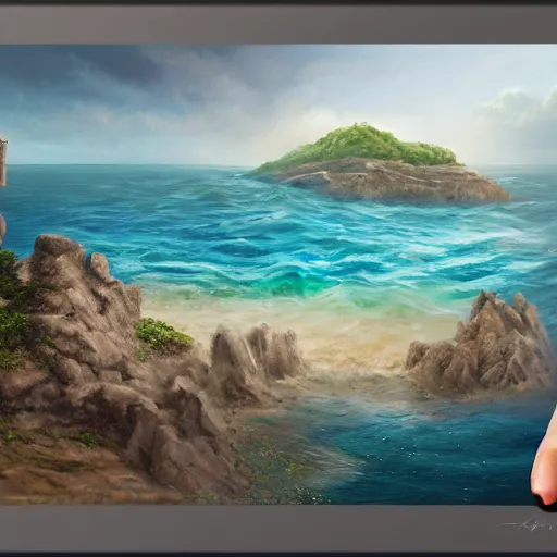 Prompt: An ocean scene with a small island in the distance, realistic, digitally painted, no blur, award winning, concept art, by Alayna Danner