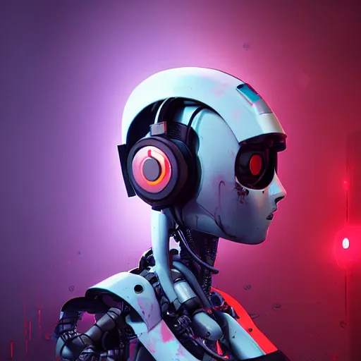 Prompt: a robot with headphones and blood dripping from its eyes, cyberpunk art by beeple, featured on zbrush central, digital art, dystopian art, sci - fi, poster art