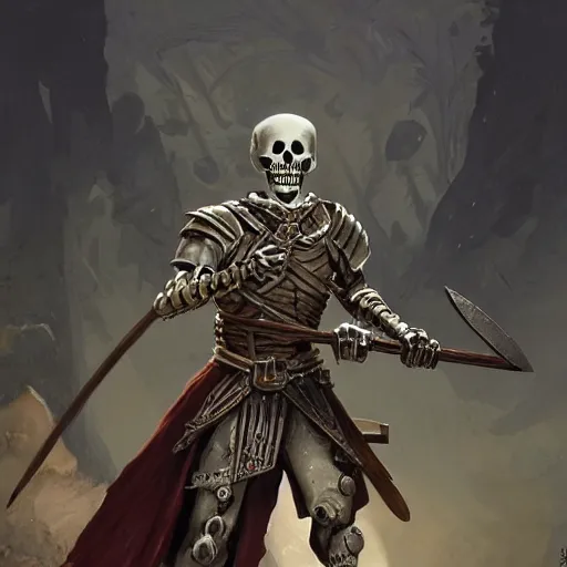 Prompt: medieval warrior skeleton with an ax in his hand and a round shield, D&D character, highly detailed, digital fantasy character, painted portrait, artstation, concept art, hard focus, illustration, art by artgerm and greg rutkowski and Alphonse Mucha and Craig Mullins, James Jean, Andrey Ryabovichev, Mark Simonetti and Peter Morbacher