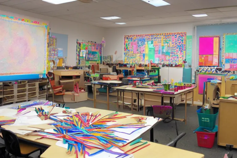 Prompt: a photograph of the perfect art teacher classroom