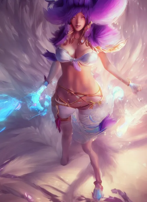 Prompt: ahri, league of legends, hyper detailed, digital art, trending in artstation, cinematic lighting, studio quality, smooth render, unreal engine 5 rendered, octane rendered, art style by klimt and nixeu and ian sprigger and wlop and krenz cushart