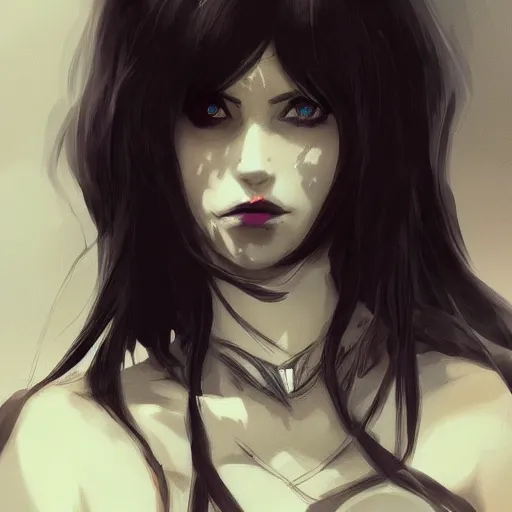 Image similar to female human vampire witch in the style of greg rutkowski, makoto shinkai, trending on artstation, character design, concept art, pretty face, highly detailed, long black hair, portrait, digital art