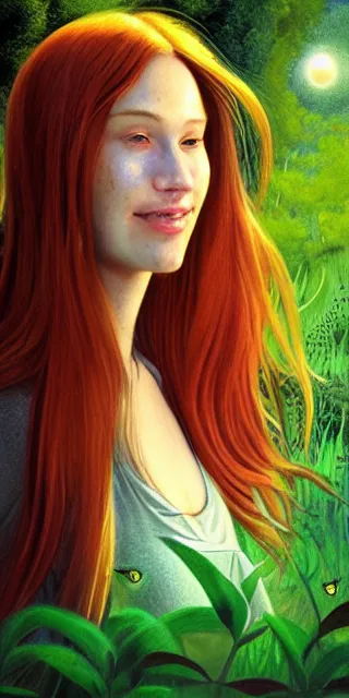 Image similar to young woman, smiling, amazed by golden fireflies lights, sitting in the midst of nature fully covered, long loose red hair, intricate linework, green eyes, small nose with freckles, oval shape face, realistic, expressive emotions, dramatic lights, spiritual scene, hyper realistic ultrafine art by cecco del caravaggio and albert bierstadt and artgerm