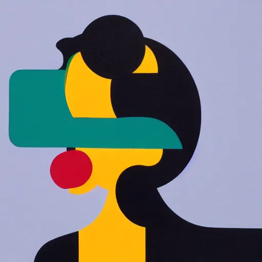 Prompt: close up portrait of a person speaking on the phone, abstract painting in the style of Sophie Taeuber-Arp and Gary Hume and Tatsuro Kiuchi, flat colour-block style, geometric abstraction, dark colours