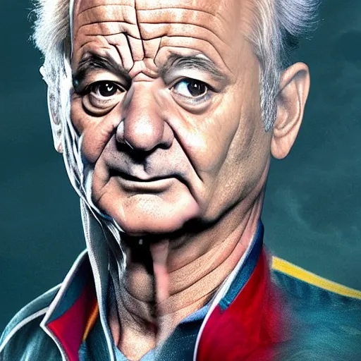Prompt: stunning portrait photograph of Bill Murray as a superhero by the genius photographer of our era, 8K HDR hyperrealism