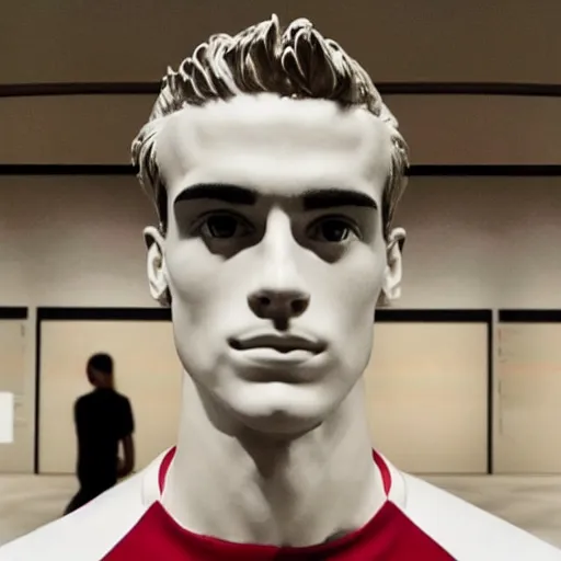 Image similar to “ a realistic detailed photo of a guy who is an attractive humanoid who is half robot and half humanoid, who is a male android, soccer player antoine griezmann, shiny skin, posing like a statue, blank stare, at the museum, on display ”