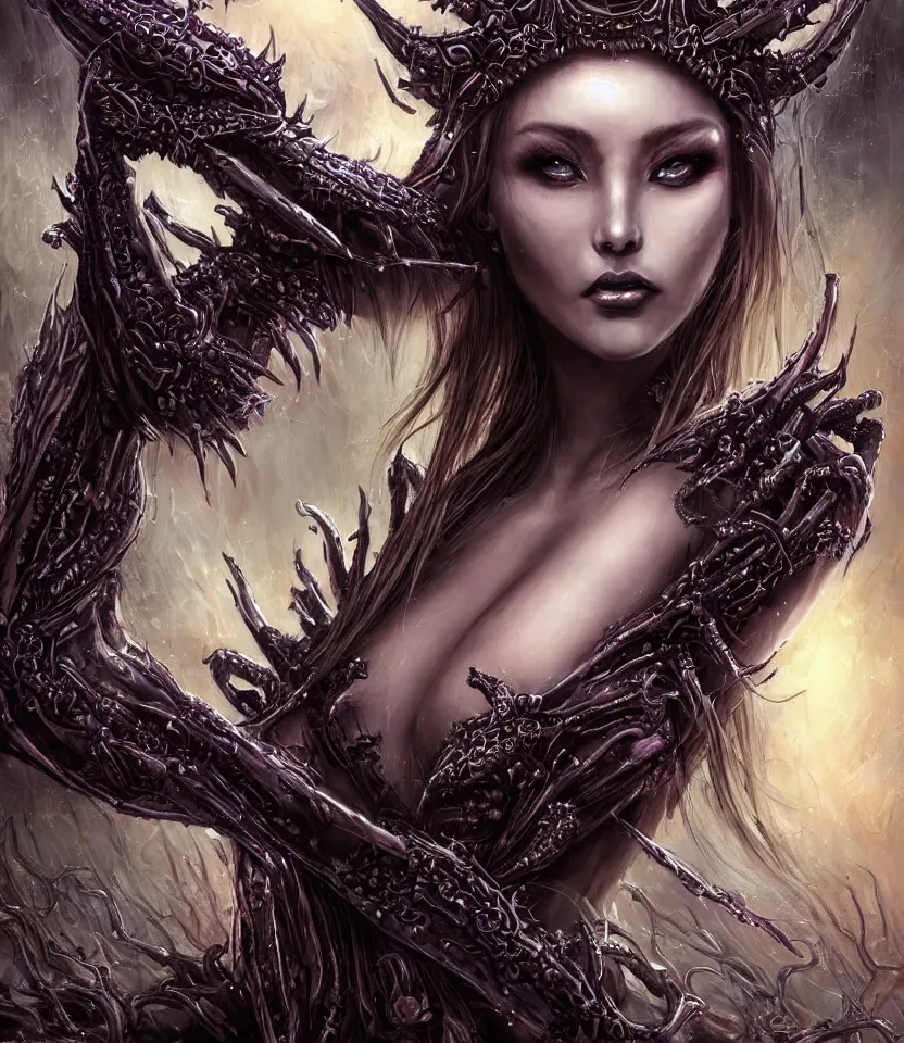 Image similar to close up portrait on the enchanting femenine queen of the zerg, hyper attractive, seductive, very complex, hyper-maximalist, overdetailed, legendary cinematic, darkfantasy, archetype with timeless beauty breathtaking eyes, her spider like legs spread evenly around her framing the image, collossal alien ship in the sky behind her, highly intricate, digital art, very elegant, HDR 8K, biblical art, realism, incomprehensible yet perspicious detail, unbeatable quality, silent hill aesthetic, photorealistic, lifelike, DSLR 8k, unbeatable coherency, Omnious intricate, octane render, created Nixeu & z--ed from deviantart