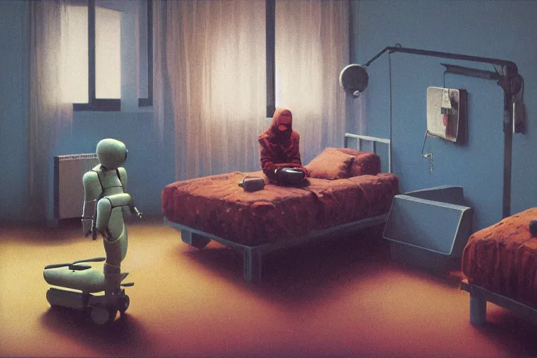 Image similar to IKEA catalogue photo, cyberpunk teenager bedroom, robots, by Beksiński